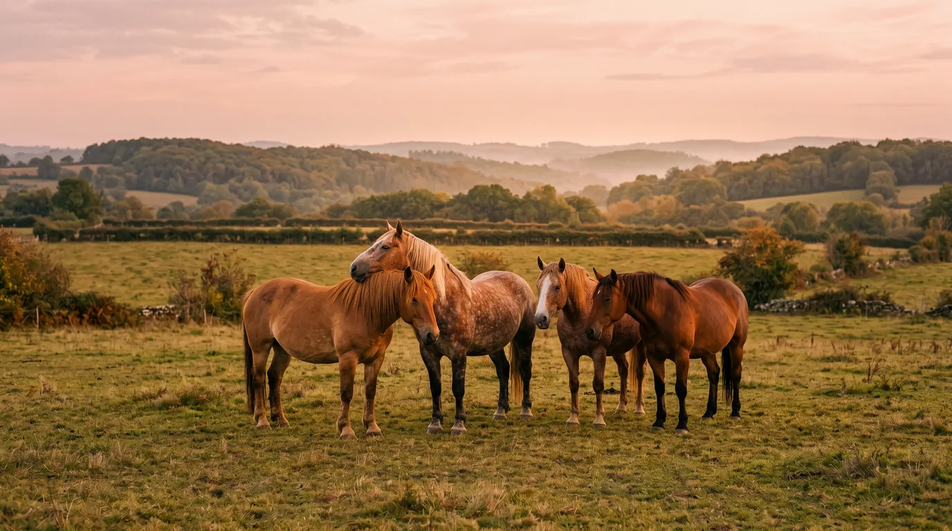 Les chevaux du Au Bos Cheval Rouge en liberté, Dordogne
